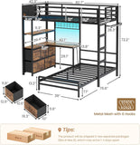 Bunk Bed with L-Shaped Desk,5 Storage Drawers and 2 Shelves Metal Twin XL Over Twin Bunk Bed with LED Lights and