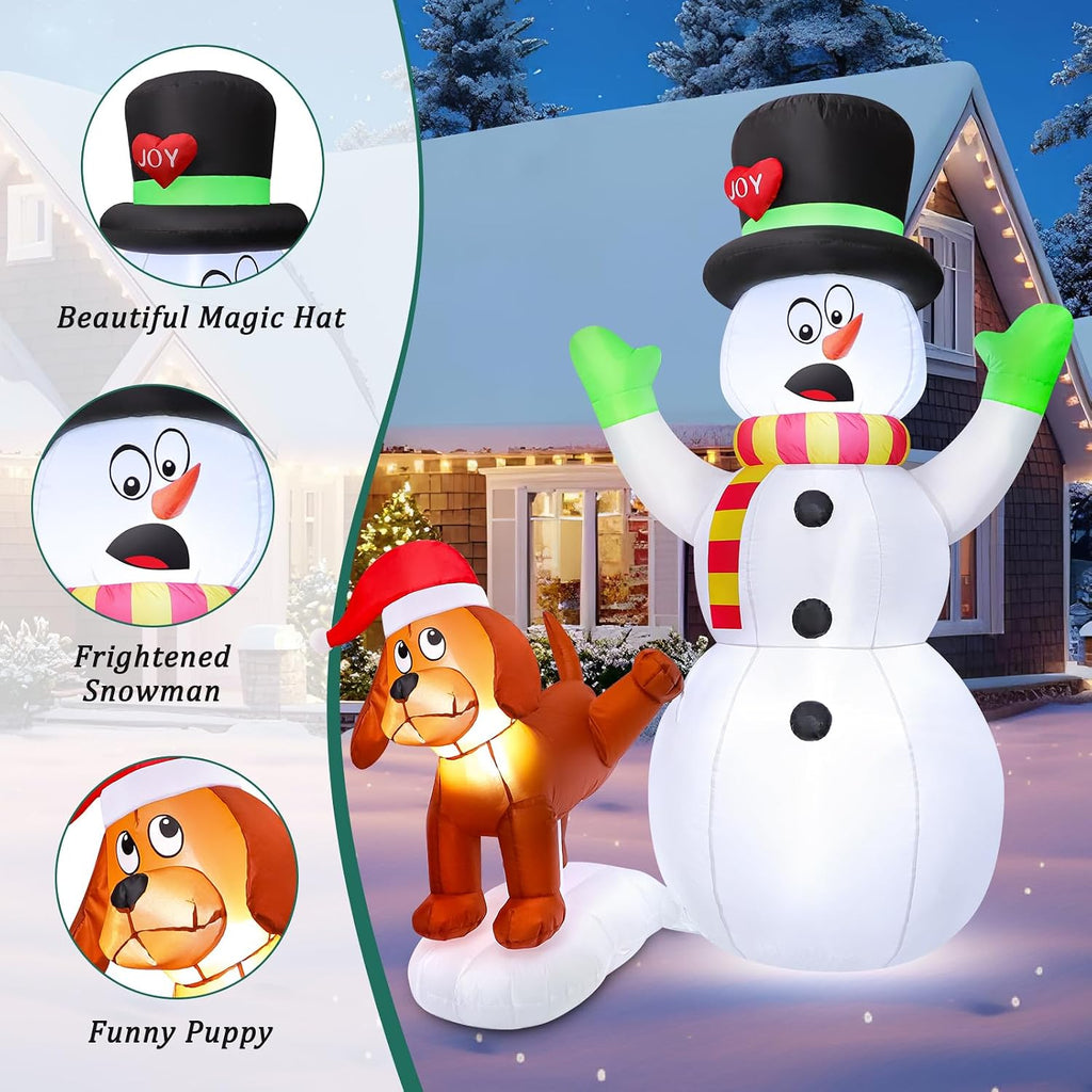 5.5 FT Inflatable Snowman with Puppy Dog, Christmas Outdoor Yard Decoration, Blow Up Shocked Snowman with Peeing
