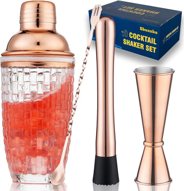 Rose Gold Cocktail Shaker Set with Jigger, Bar Spoon & Muddler - Set of 4