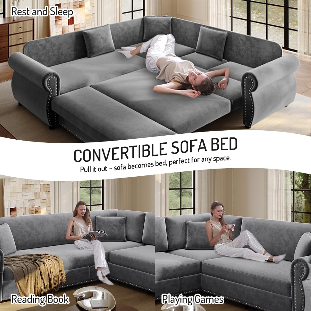 88.2" Chenille Sleeper Sofa Bed, Sectional Couches /Apartment, L Shaped Couch with Pull Out Couch Bed, Convertible