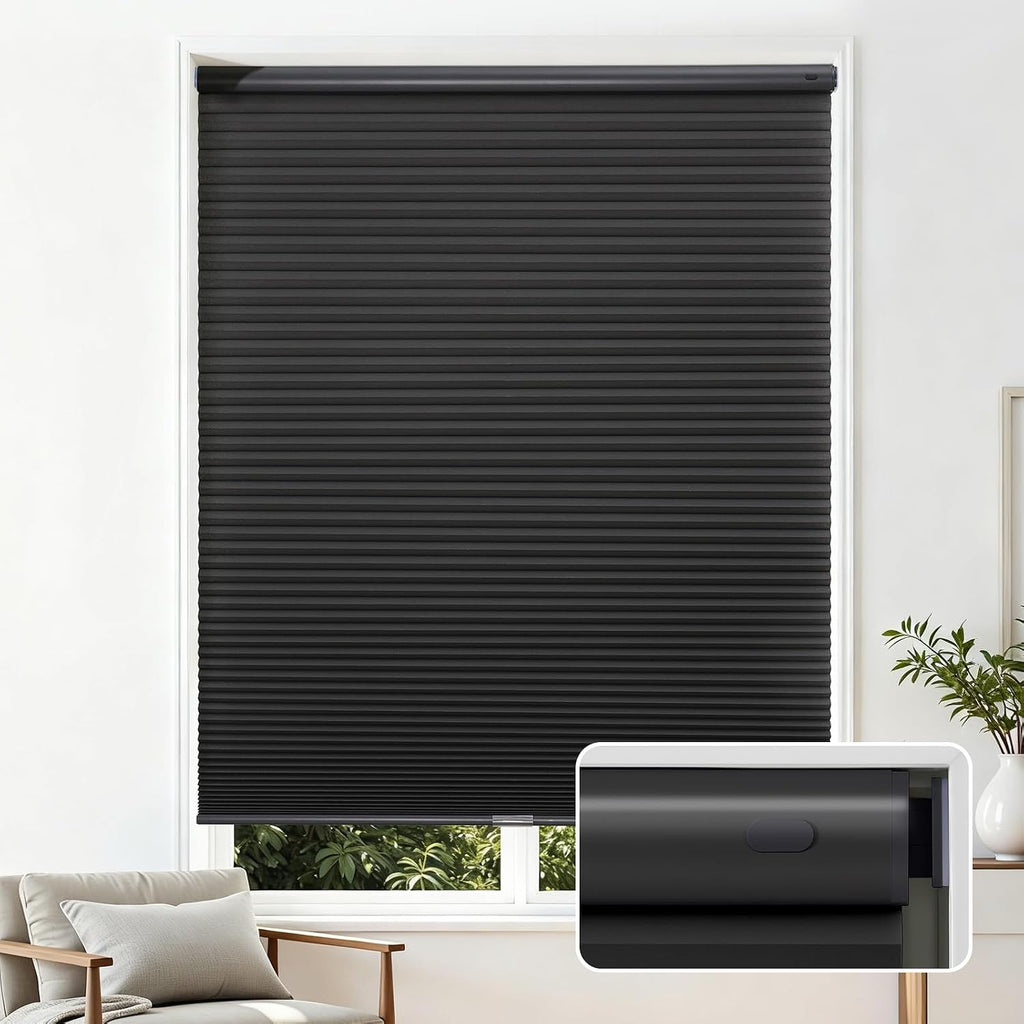 No Drill Light Filtering Cellular Shades, White, | Thermal I - Black