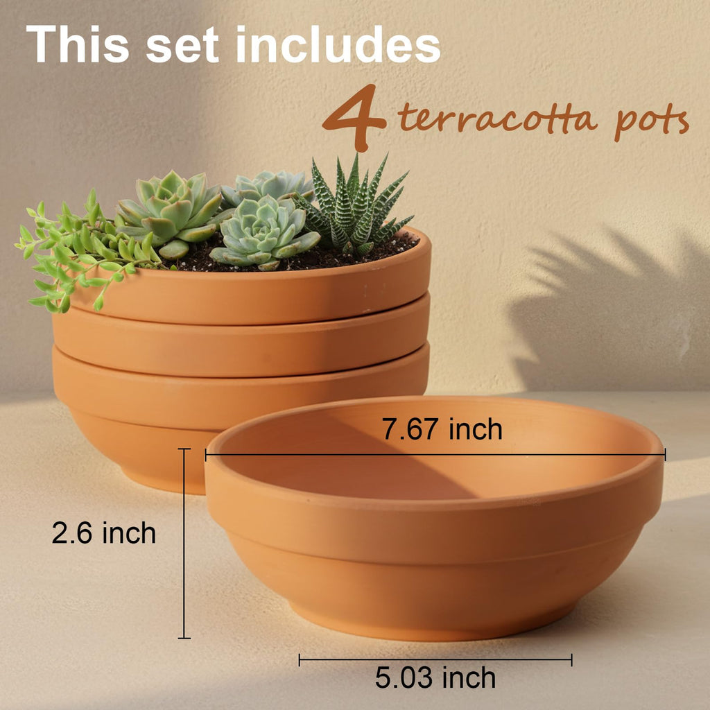 7.67 Inch Terracotta Pots with Drainage Holes, 4 Pack