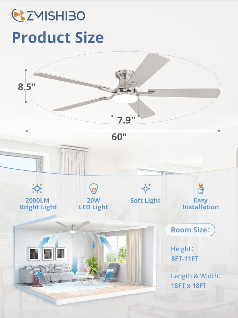 60 Inch Ceiling Fan with Light, App&Remote Control, Flush Mount Low Profile, Dimmable 20W LED Light, Quiet Reversible Motor for Bedroom, Living Room, Apartment, Nickel A101-B0F8B7DBTJ