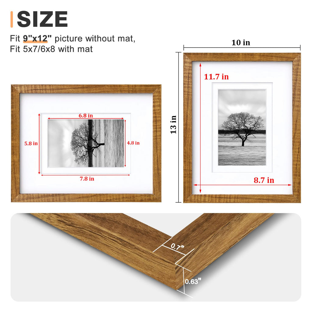 9x12 Picture Frames 4PCS Covered by Plexiglass, Solid Wood Frames for Pictures 5x7/6x8 with Mat or 9x12 without Mat