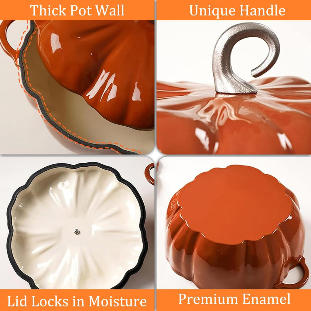 Pumpkin Cast Iron Dutch Oven, 4qt Enamel Cast Iron Cooking Pot with Lid