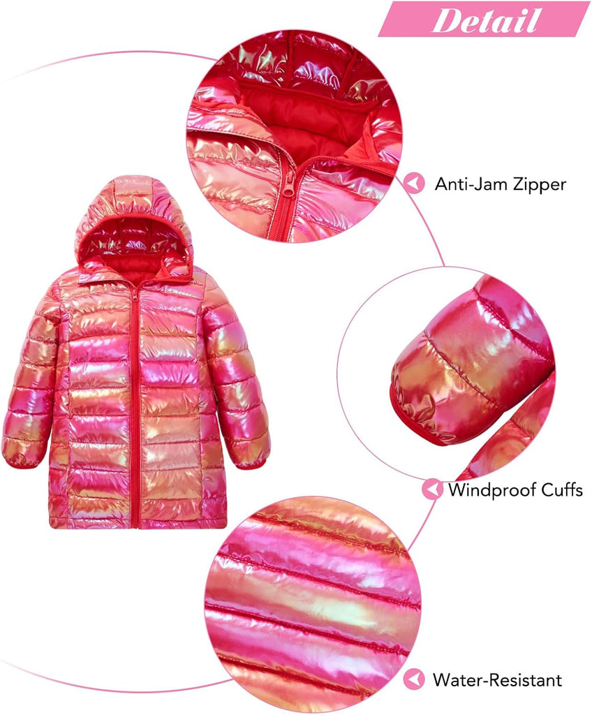 Girls Winter Coat, Long Metallic Puffer Jacket