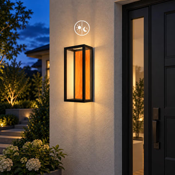Dusk to Dawn Outdoor Wall Light, Wood Grain Black Frame, IP54