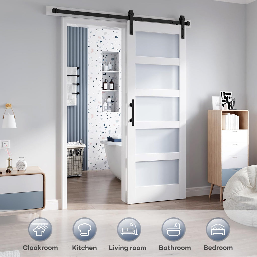 28x84 Inch Glass Sliding Barn Door Slab and 5ft Hardware Kit Included, 5 Frosted Glass, LVL Wood Panel Covered with