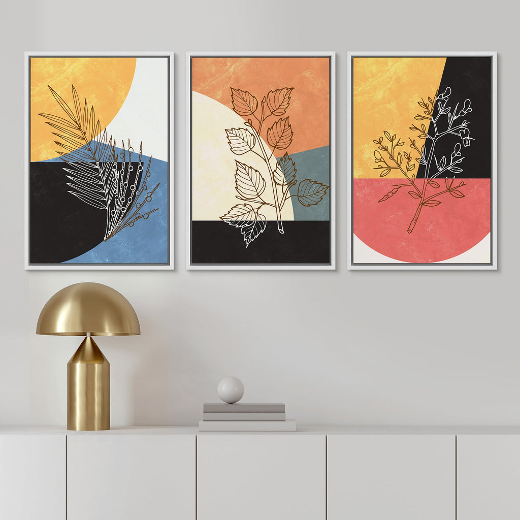 Framed Wall Art Print Set Geometric Mid-Century Color Block Plant Silhouettes Abstract Nature Illustrations Modern