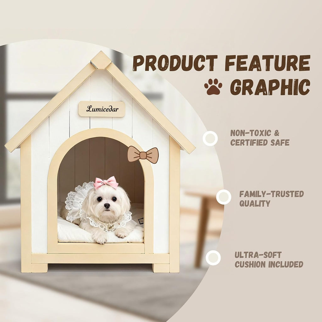 Natural Solid Wood Pet House, Outdoor Indoor for Small Dog & Cat