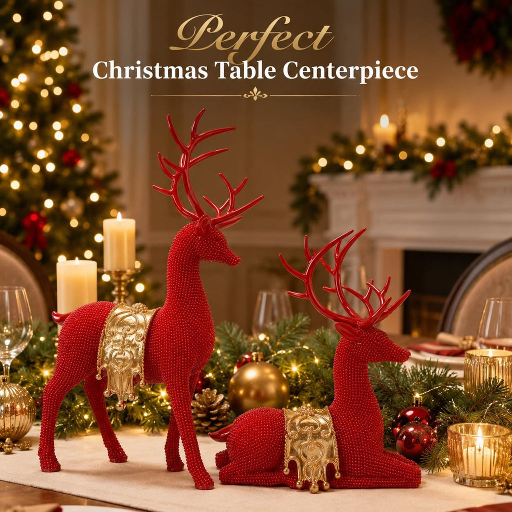 Red Gold Reindeer Figurines Set of 2 for Christmas Tabletop Decor