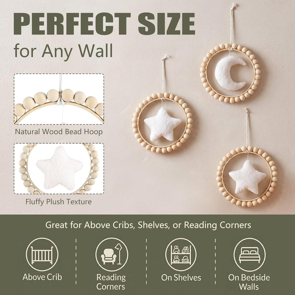 3 Pcs Boho Moon and Stars Wall Decor Nursery Wall Decors Wooden Bead Garland with Felt Centerpieces, Farmhouse Style