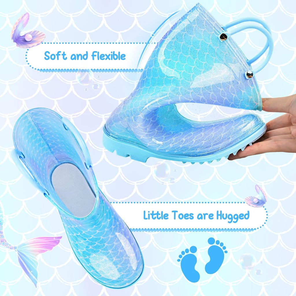 Toddler Rain Boots For Girls Waterproof Rainboots Little Girls Glitter Unicorn Rain Boots For Kids With Easy-On
