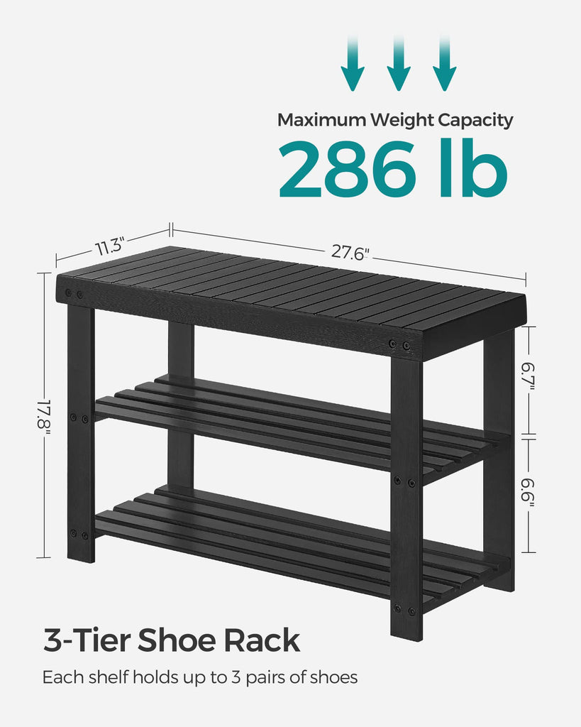 Shoe Rack Bench, 3-Tier Bamboo Entryway Bench, 27.6 Inches Width