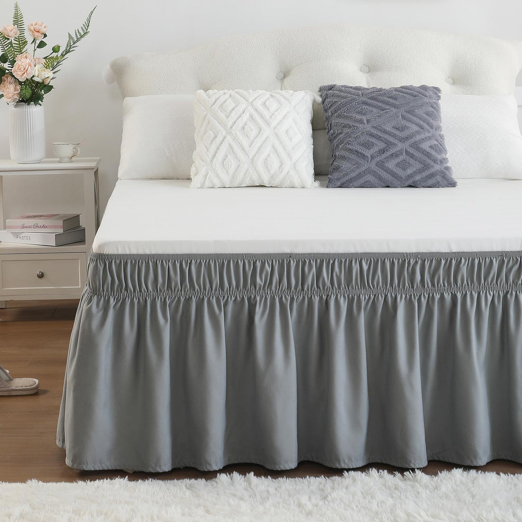 Gray King Size Bed Skirt 18 Inch Drop, Elastic Bed Skirts Cal King Dust Ruffle, Light Grey Bedskirt for Adjustable