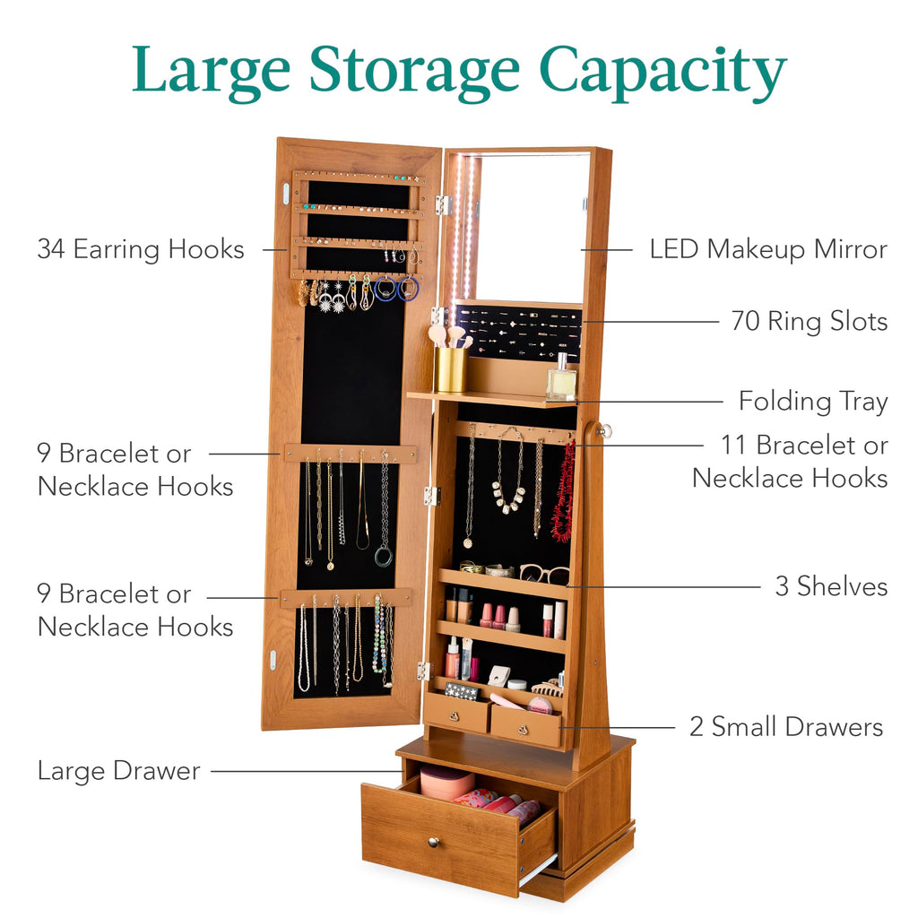 360 Swivel Mirrored Jewelry Cabinet, Standing Armoire, Makeup Storage Organizer, w/LED-lit Mirror, 3 Shelves - Rustic