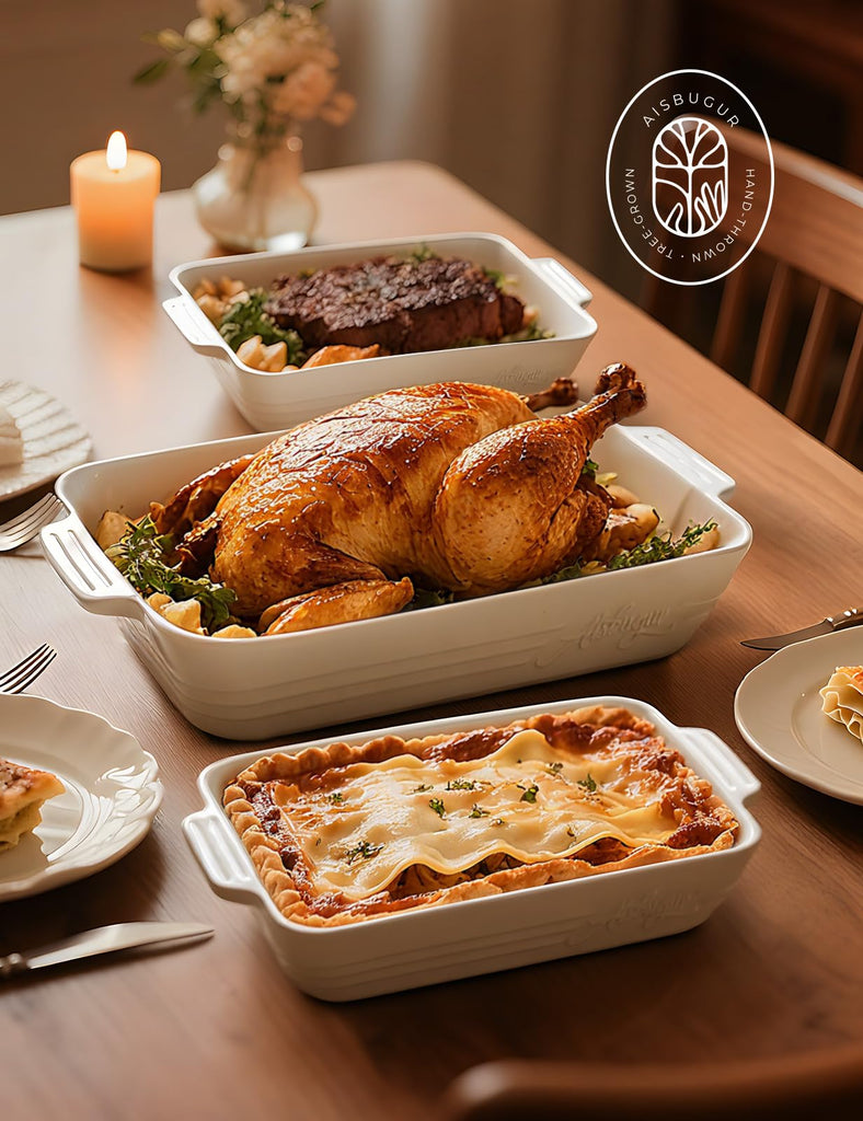 Ceramic Baking Dish Set, 3-Piece Casserole Dishes for Oven, Rectangular Baking Pans, Deep Lasagna Pans with Handles