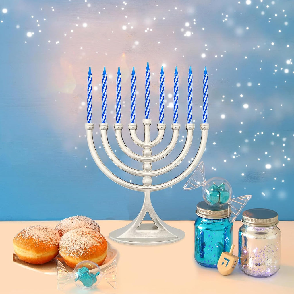 Hanukkah Silver Mini with Candles Classic 5 inch Great for Travel, Hanukkah Decor Centerpiece