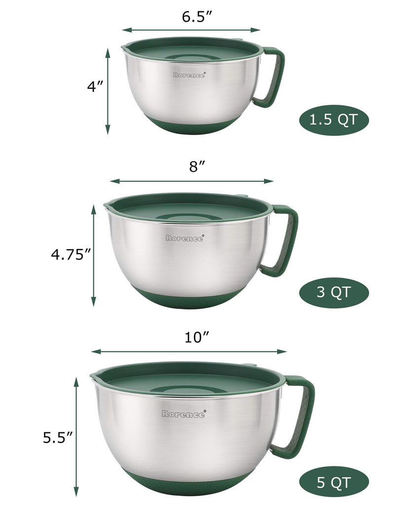 Stainless Steel Mixing Bowls Set with Lids,1.5,3 & 5 Qt,Green