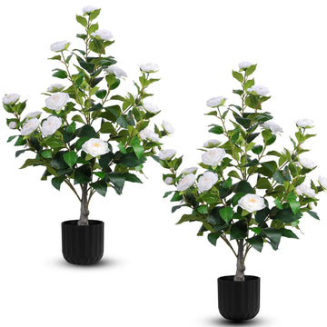 2 Pcs Artificial Camellia Trees Faux Camellia Plant in Pot with Flowers Indoor Plants for Spring Home Decor Outdoor