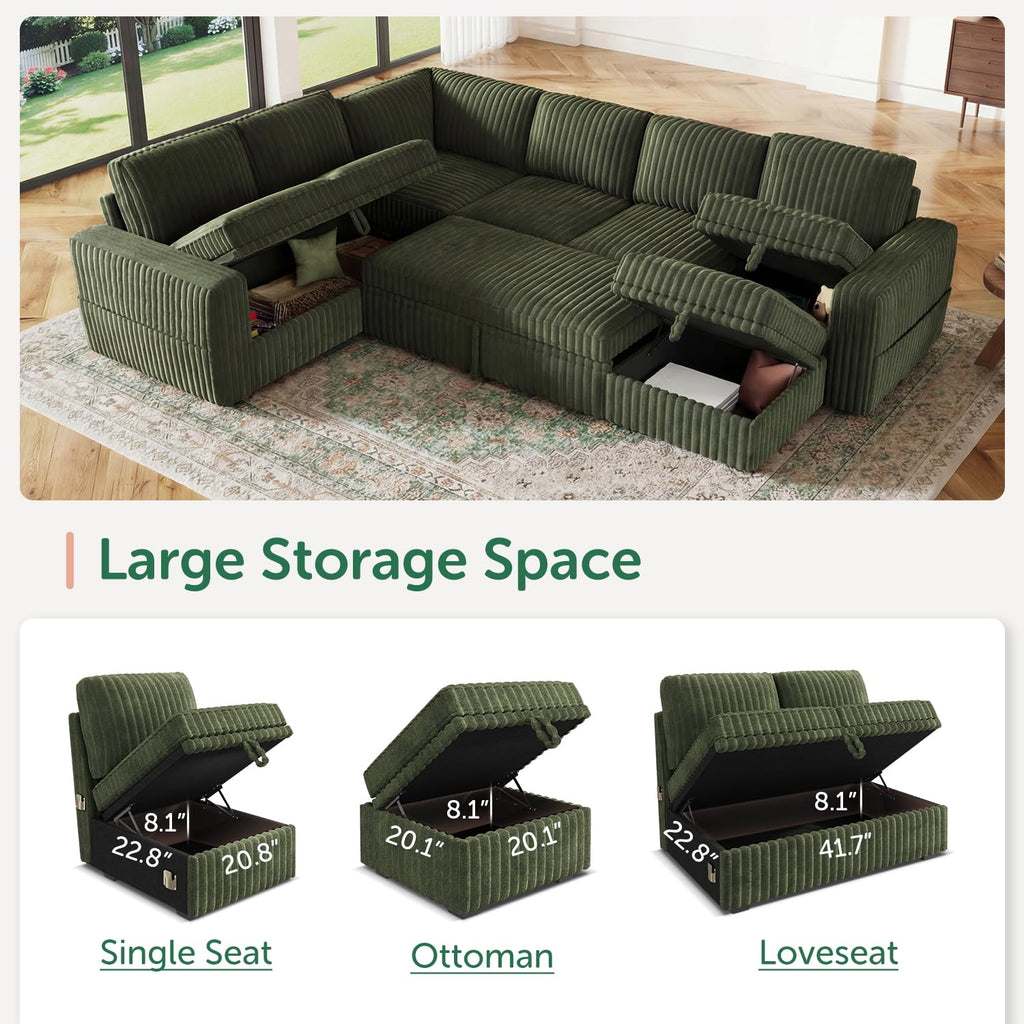 Corduroy U Shaped Sectional Sleeper Sofa with Pull Out Bed, Green