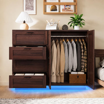 43.3'' H LED Bedroom Armoire with Drawers and 2 Doors, Farmhouse Wooden Armoire and Wardrobe Cabinet, Closet with