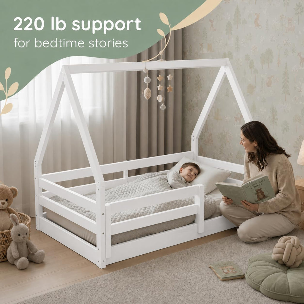 The Tree Montessori Floor Bed House Frame Canopy, White Finish