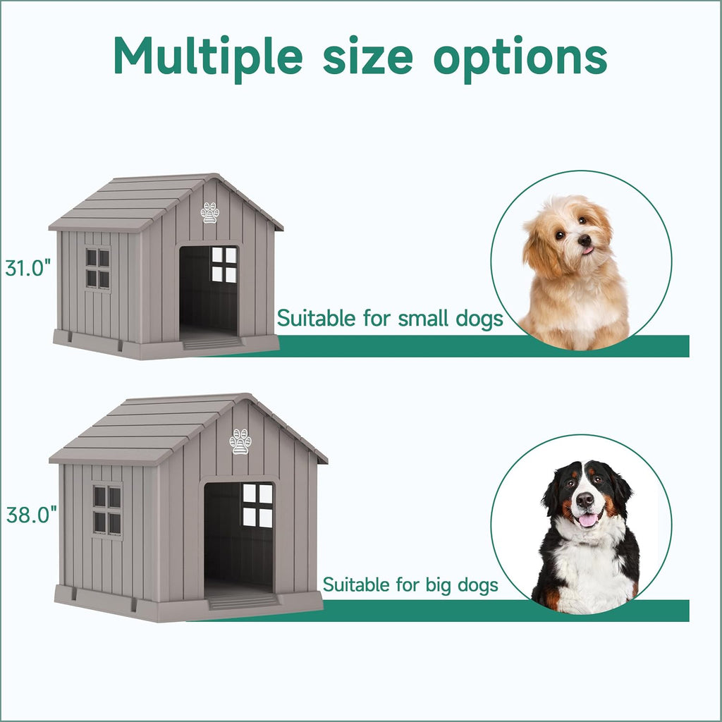 32in Large Outdoor Dog House, Durable Water Resistant Resin Dog House, Doghouse for Small to Large Dogs Indoor or