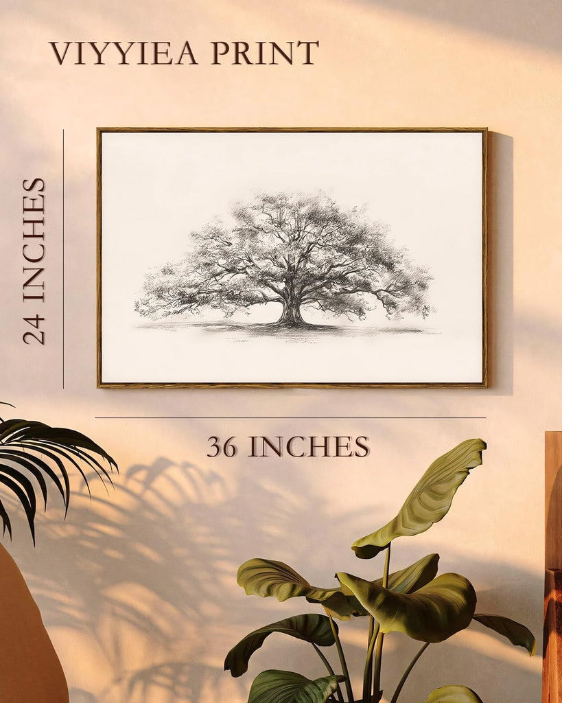 Large Vintage Wall Art, Sketch Tree Landscape Painting, 24x36Inch