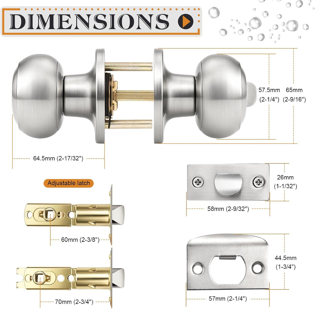 Brushed Nickel Door Knobs, Privacy Door Knob Bedroom, Interior Door Knobs with Thumb Turning Locking Button, 6 Pack