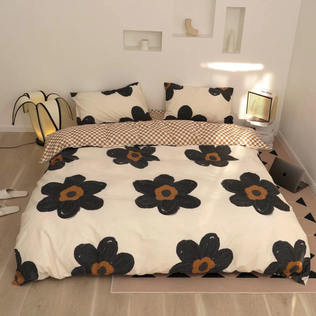 Black Sunflower Comforter Full Boho Floral Bedding Botanical Quilt