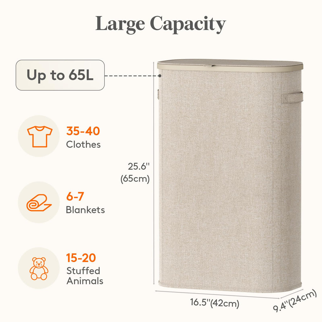 Slim Laundry Basket with Lid and Removable Bag, 65L, Beige