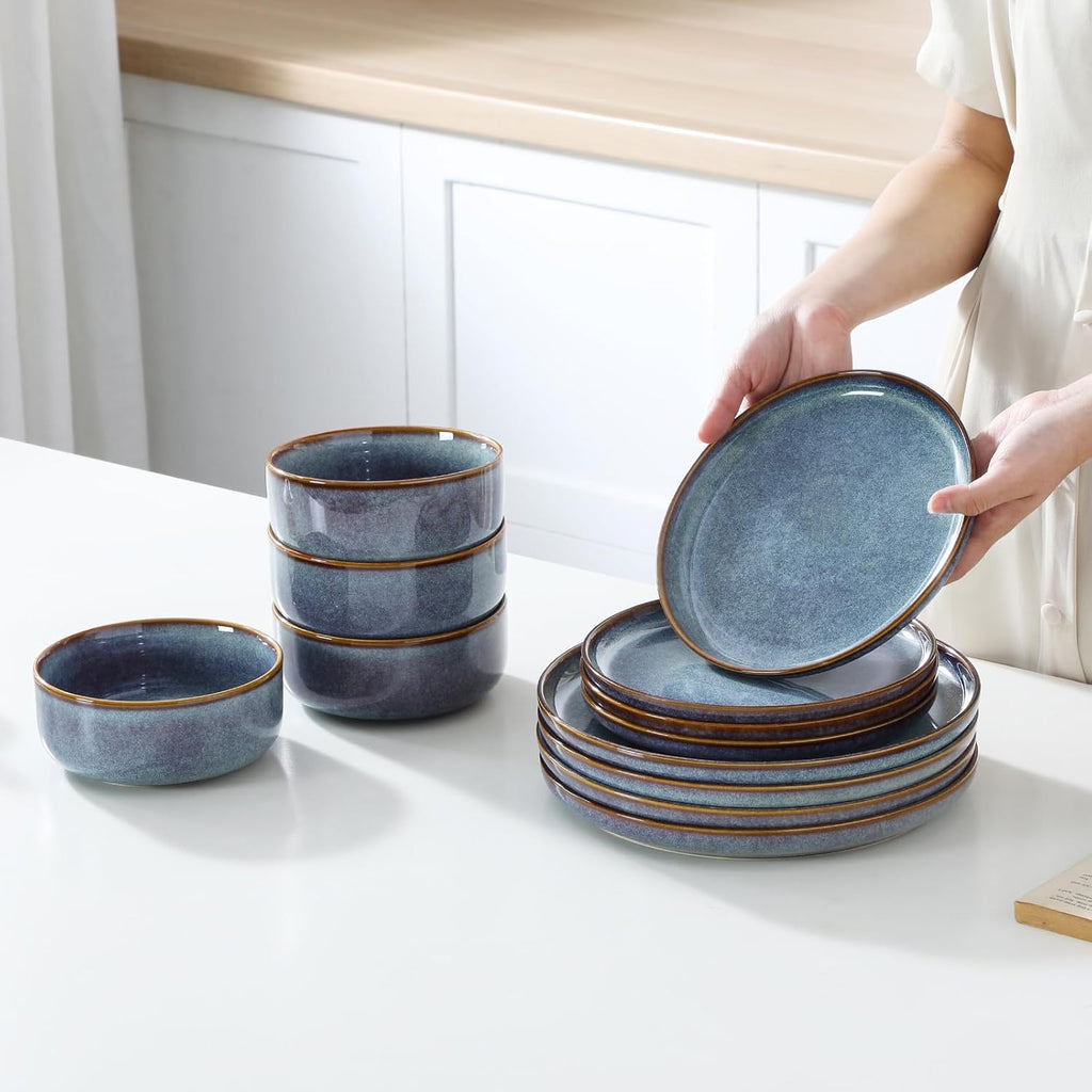 PLAYA Plates and Bowls Sets, 12 Pieces Grey-Blue Dinnerware SetsReactive Glaze Dishes Set for 4
