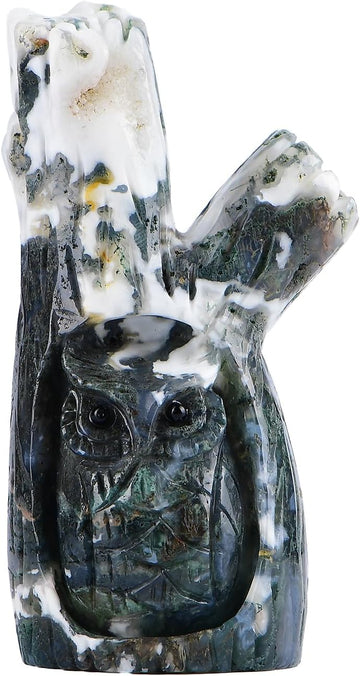 Natural Crystal Hand-Carved Tree Hole Owl Statues Hand Carved Reiki Healing Stone Statue Healing Home Office Art Room