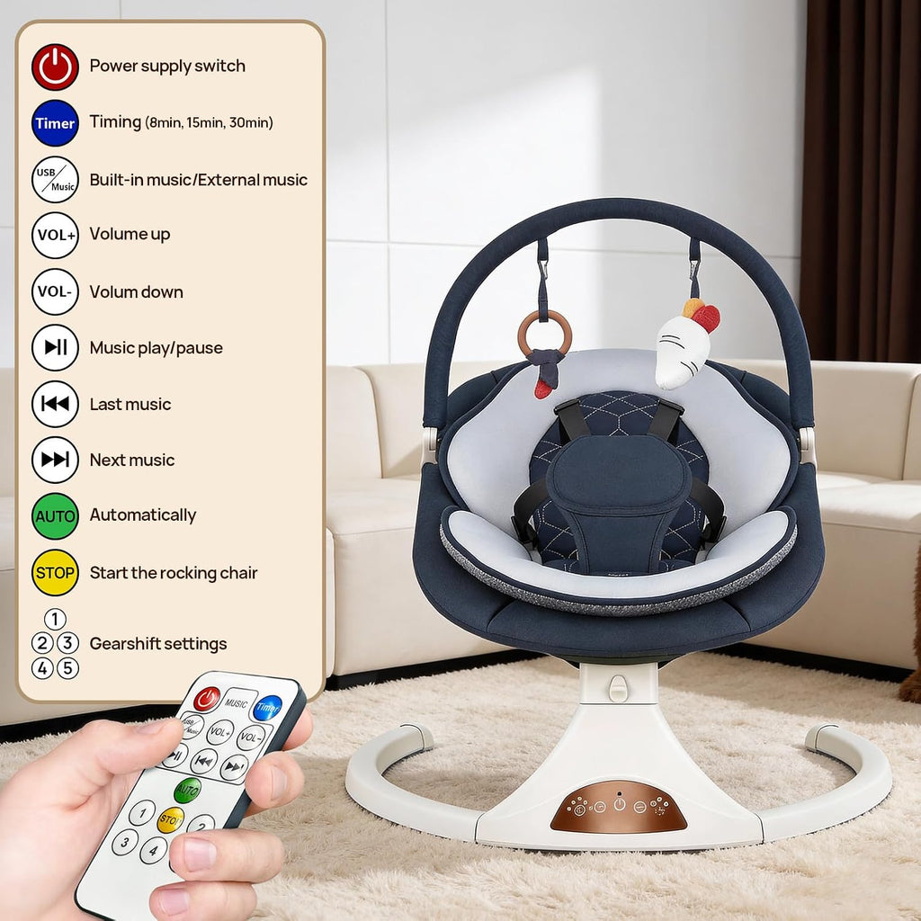 Electric Baby Swing with Remote 5 Speeds Bluetooth & Safety Lock Dark Blue