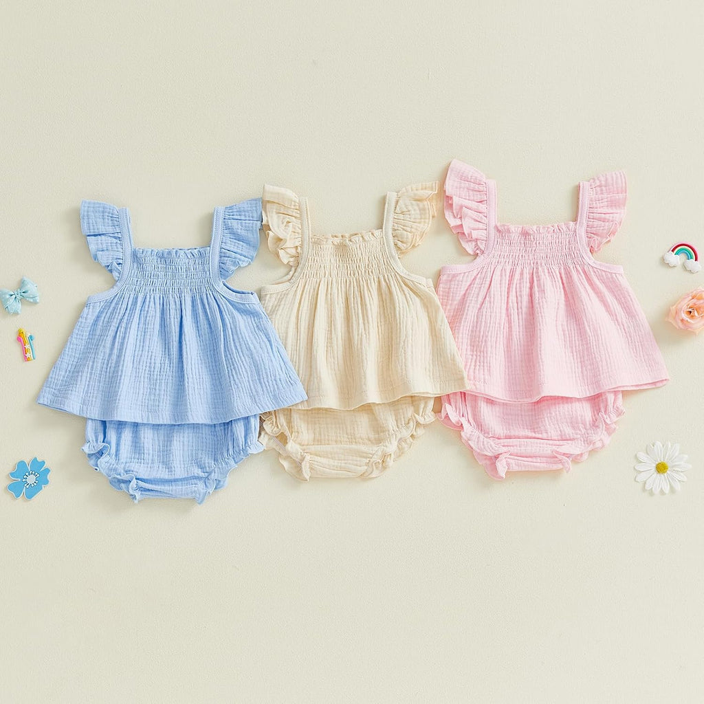 Baby Girl Summer Clothes Cute Basic Plain Cotton Linen Ruffle Tops Dress Shorts Outfits Set Shirt Princess Outfit