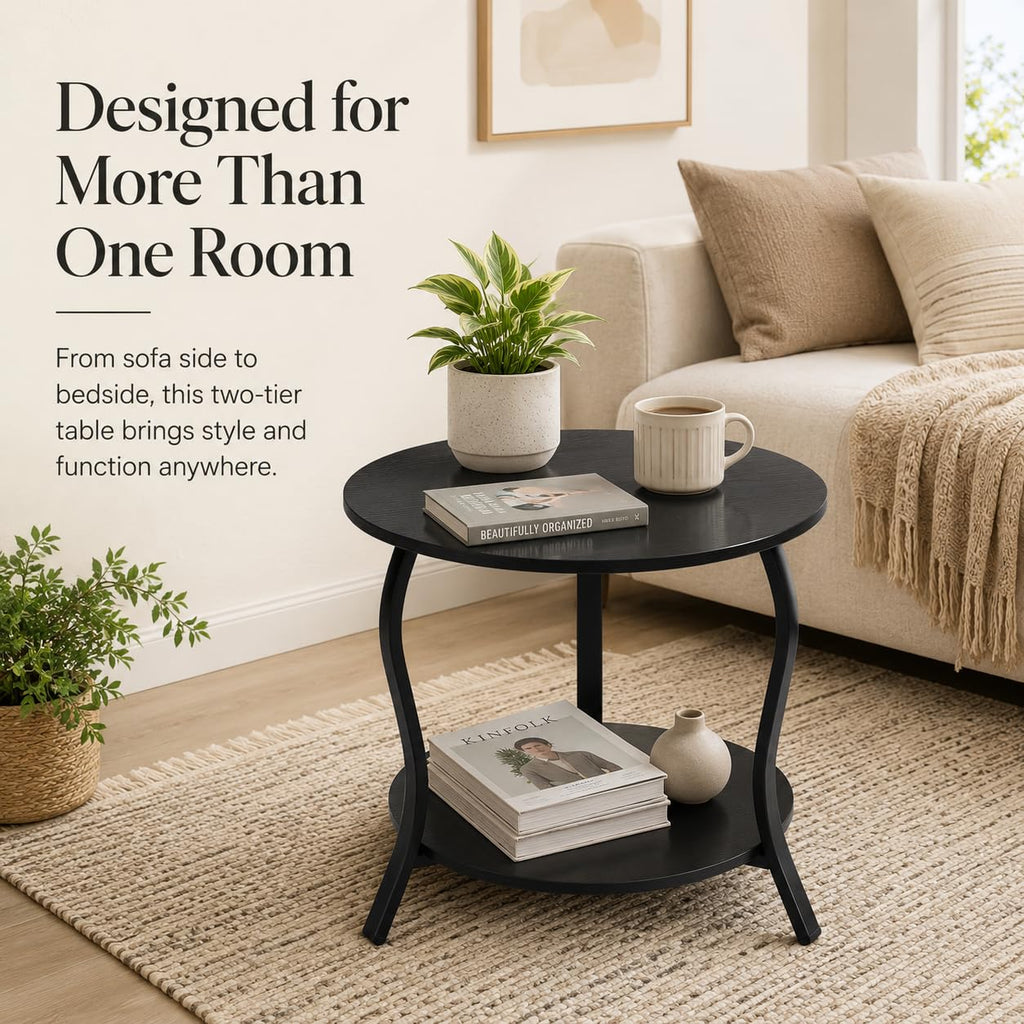 Small Round Coffee Table with Open Storage, 23" 2-Tier Coffee Side Tables for Small Space, Accent Center Table Circle