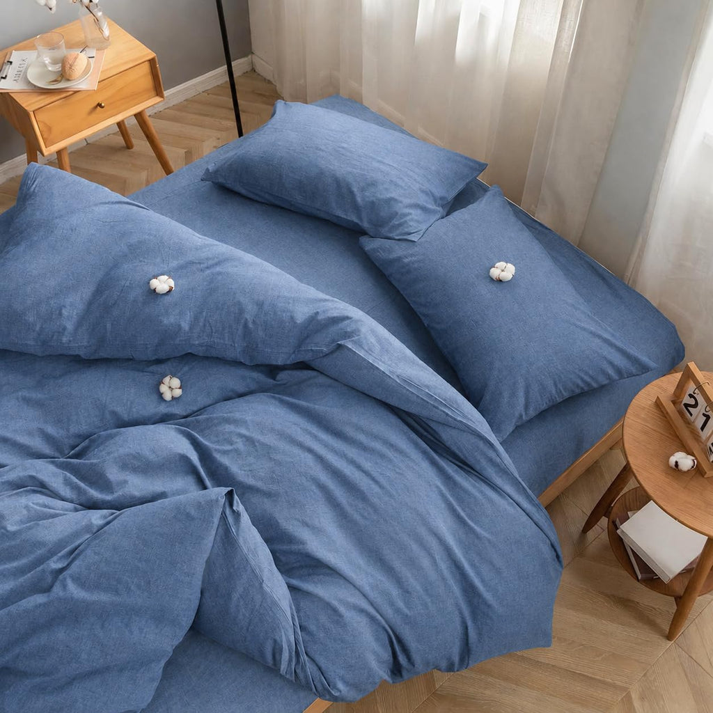 Bedding Duvet Cover Set100% Washed Cotton Duvet Cover Linen Like Textured Breathable Durable Soft Comfy(, Navy