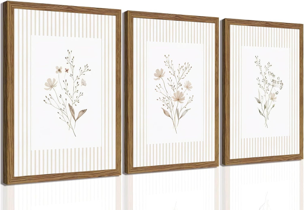 Neutral Wildflower Wall Art Set of 3, Vintage Flower Botanical Wall Decor Canvas Prints Pictures, Rustic Cottagecore