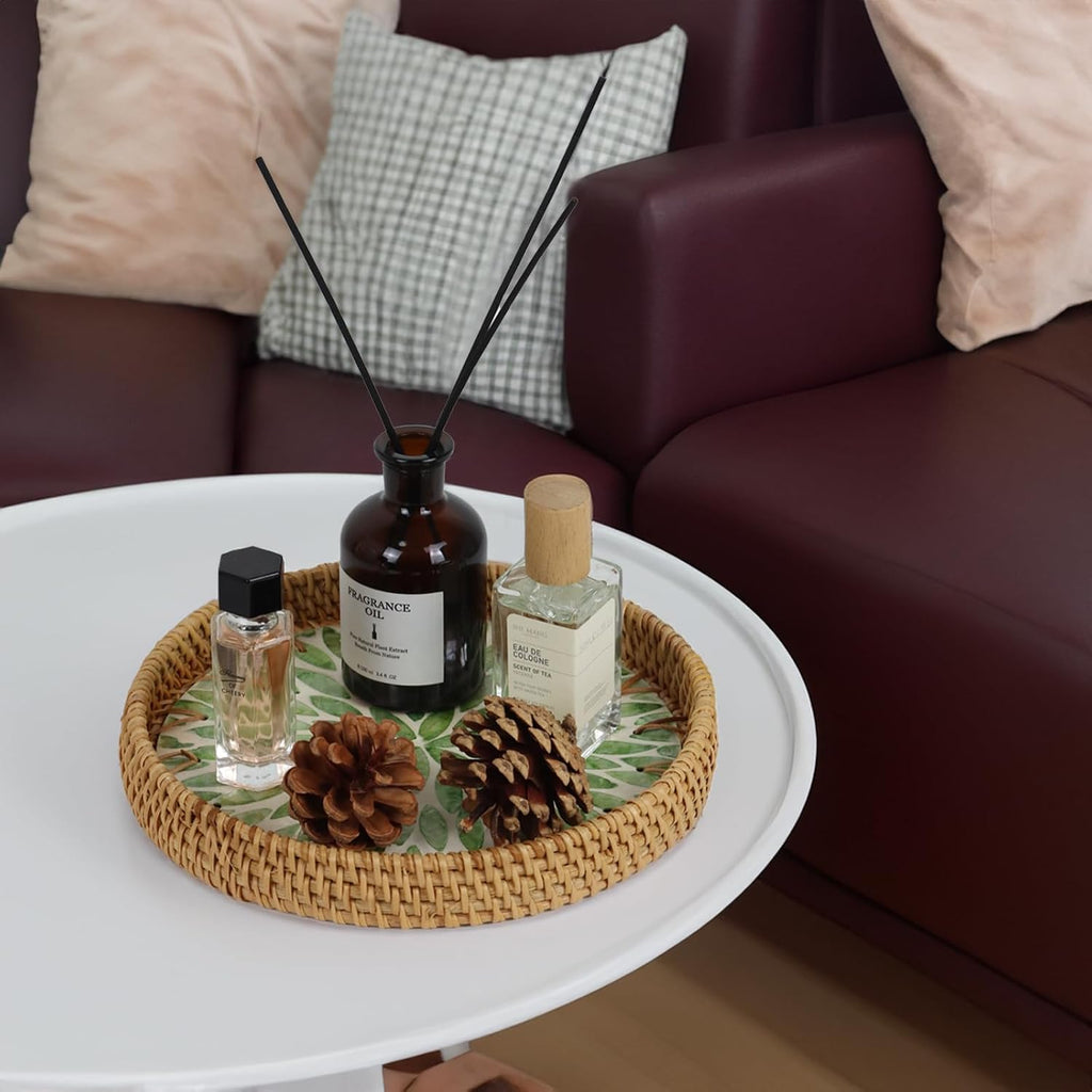 Set of 3 Rattan Tray with Mother of Pearl Inlay, Round Serving Trays for Coffee Table, Decorative Wicker Woven