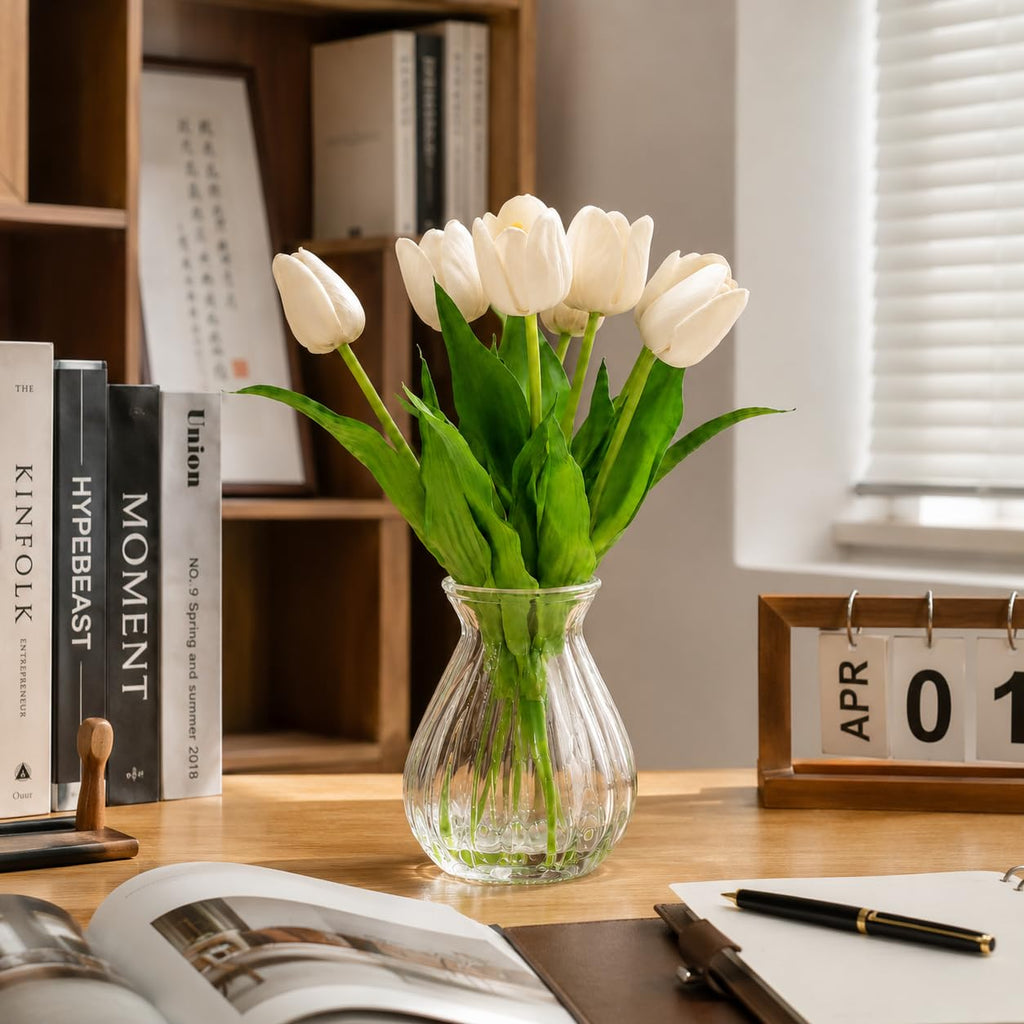 Artificial Tulips with Ribbed Glass Vase, White