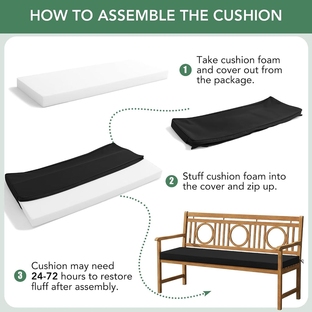 Outdoor Bench Cushion Pad, 48 x 18 x 3 Inch, Black | High-Resilience Foam, Water Resistant, Removable Cover, Hidden