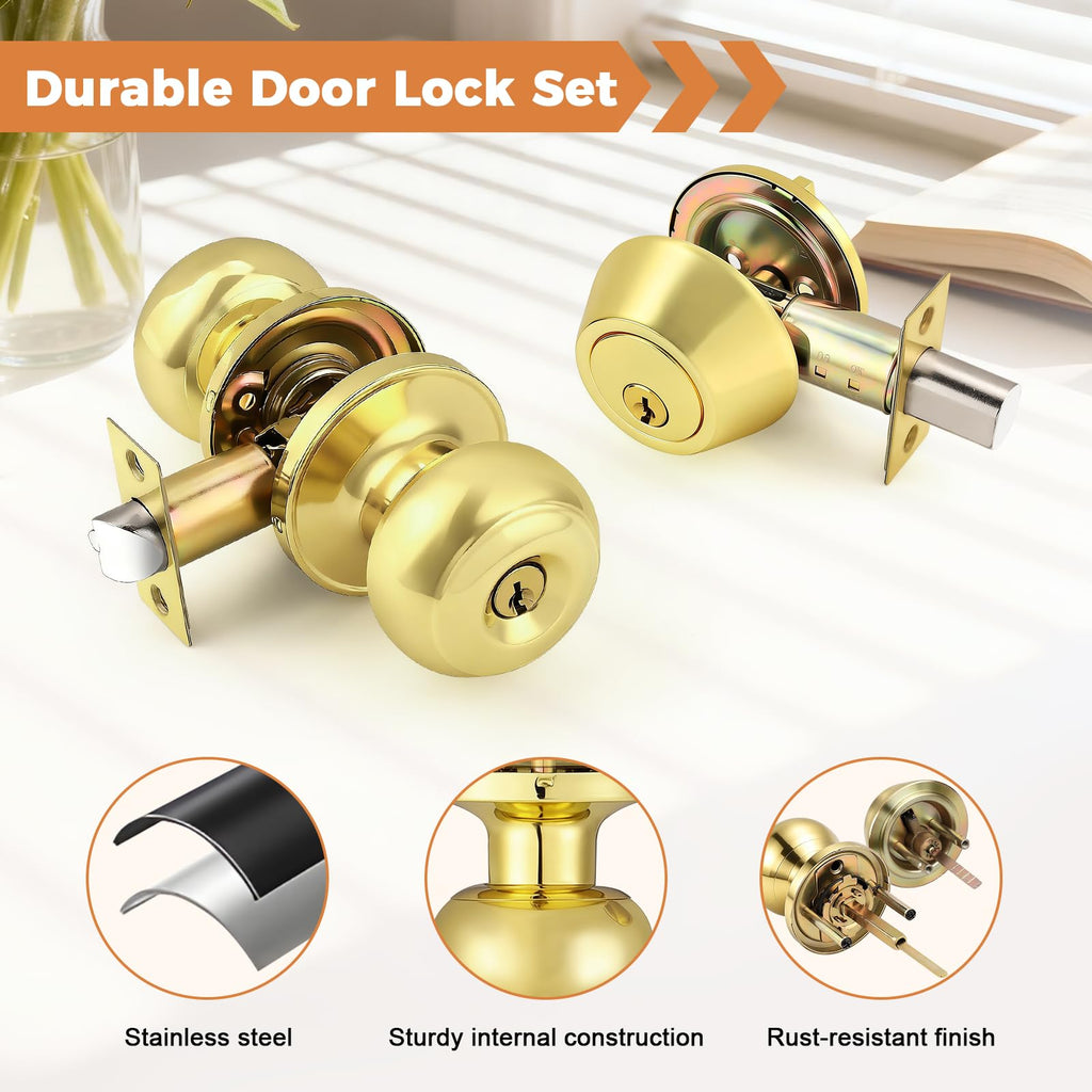 Polished Brass Entry Door Knob Lock Set and Single Cylinder Deadbolt Combination Set, Keyed Alike, 3 Pack