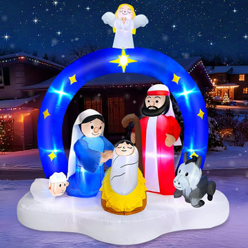 7 FT Tall Christmas Inflatables Nativity Scene with Angel Archway Outdoor Decorations, Blow Up Nativity Set LED