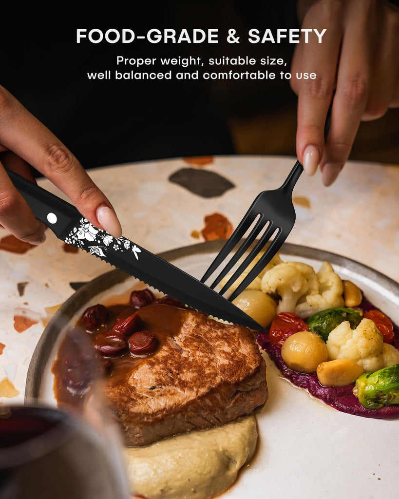 48-Piece Black Silverware Set with Steak Knives, Stainless Steel Cutlery Flatware Set for 8, Utensil Sets Include