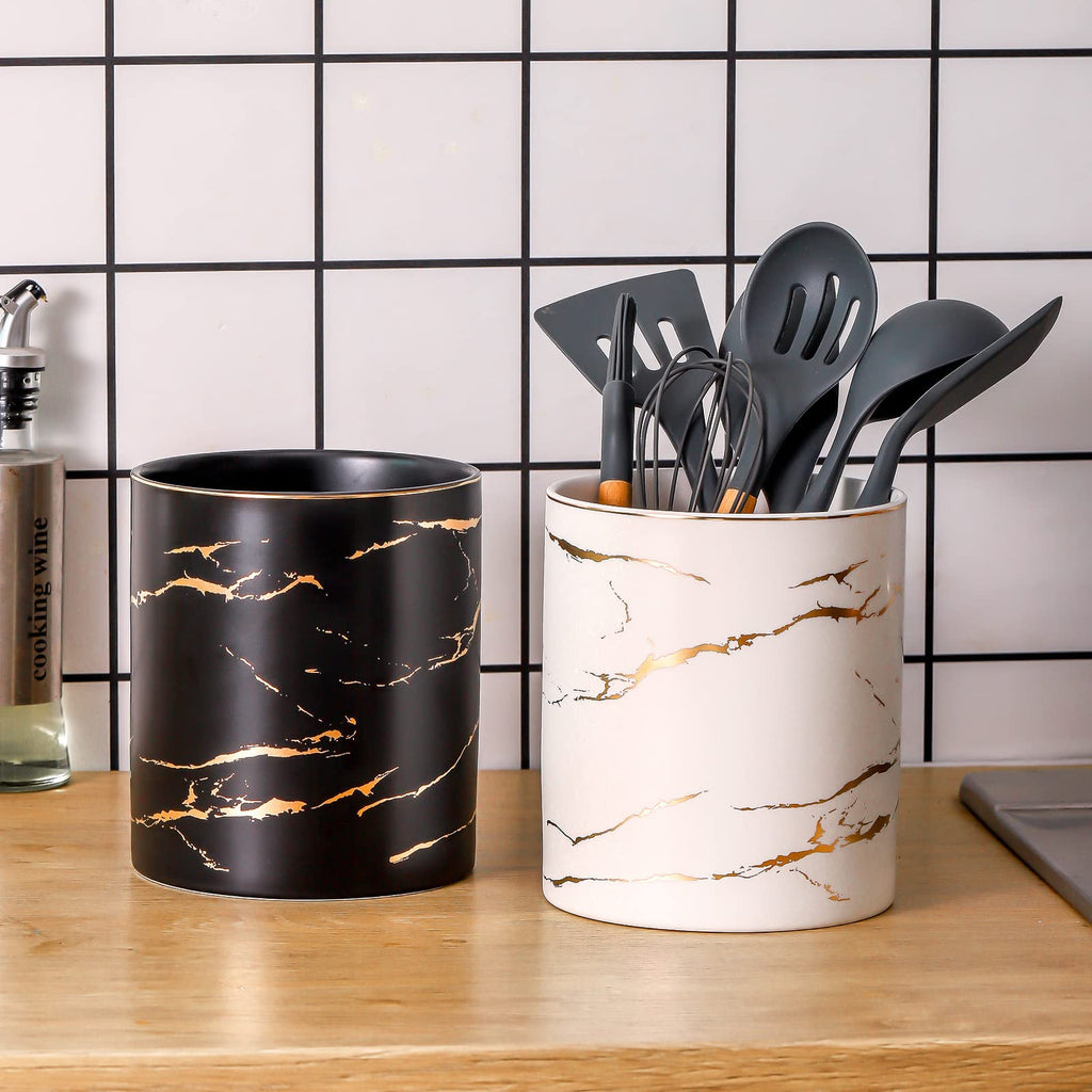 7" Marble Utensil Holder, Large Kitchen Utensil Holder Organizer, Golden Marble White Stable Utensil Crock Spatula