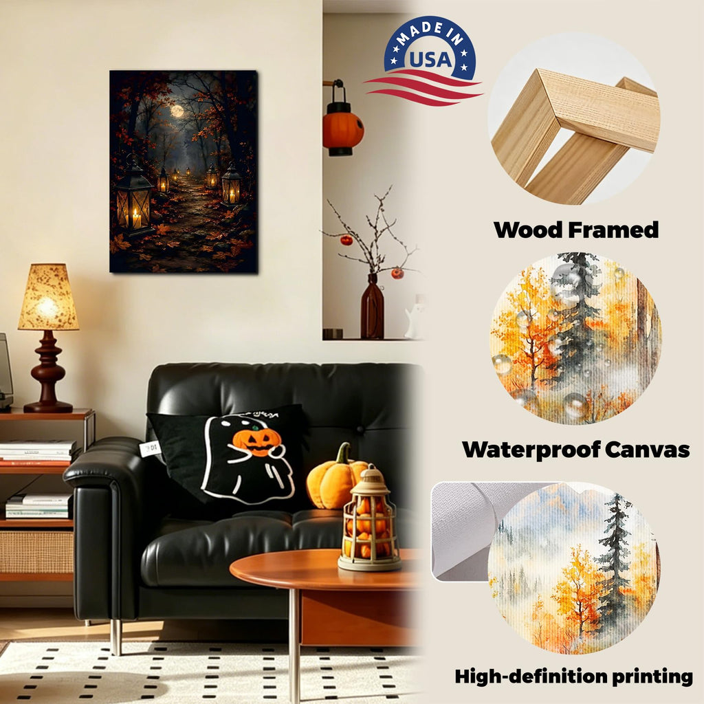 Mystical Forest Framed Canvas Wall Art, Moonlit Path and Glowing Lantern Pictures, Fall Woodland Artwork Bedroom