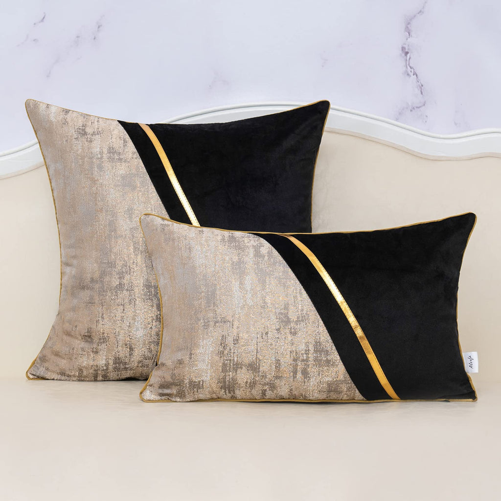 18 x 18 Inch Black Beige Gold Leather Patchwork Velvet & Polyester Cushion Case Luxury Modern Square Throw Pillow