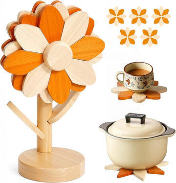 Wooden Trivets for Hot Dishes with Stand, 5-Piece Housewarming Gift Orange