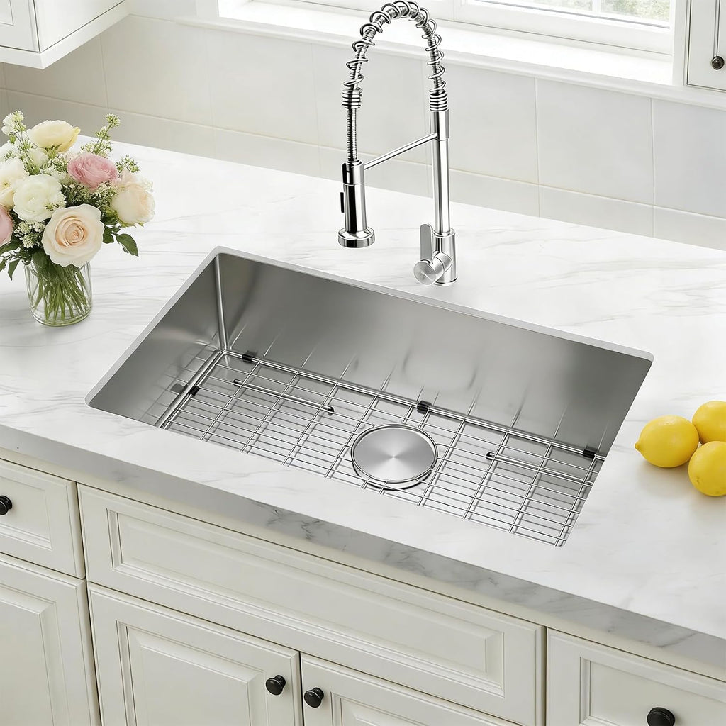 32 Inch Undermount Kitchen Sink with Quiet Drain, Bottom Grid - 11 Gauge Stainless Steel Single Bowl